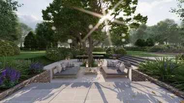 Een lager gelegen terras straalt toscaans uit. Centraal gelegen staat een bestaande boom. Verder in de tuin gelegen ligt een zwembad in het groen.