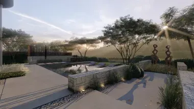 Strakke muurtjes lopen door de hele tuin en zijn uitgelijnd met de architectuur van de woning. In het verlengde van de muurtjes staat een opvallend kunstwerk. Een natuurlijk zwembad met stapstenen en overloop strekt zich uit over de volledige breedte van de woning.