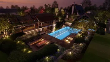 Exclusieve tuin met L-vormig zwembad, modern poolhouse en zitkuil. Sfeervol verlicht met tuinverlichting zoals boomspots, grondspots en LED strips.